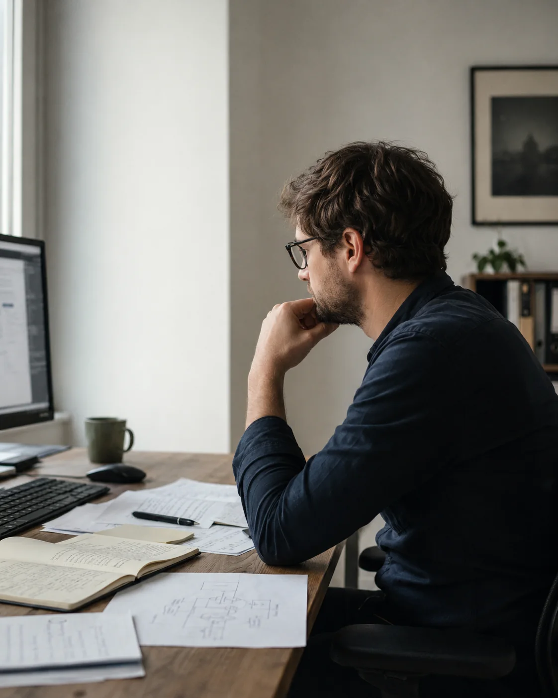 Profesional de software trabajando entre pantalla, documentación y notas