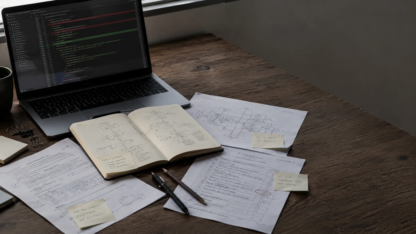 Mesa de trabajo con código, documentación y esquemas que no coinciden