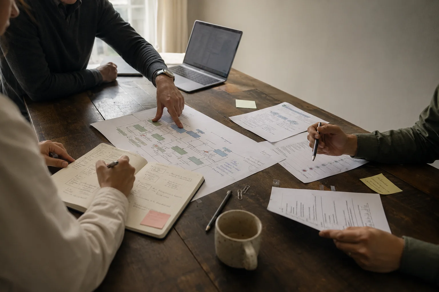 Sesión de trabajo compartida alrededor de un diagrama de arquitectura